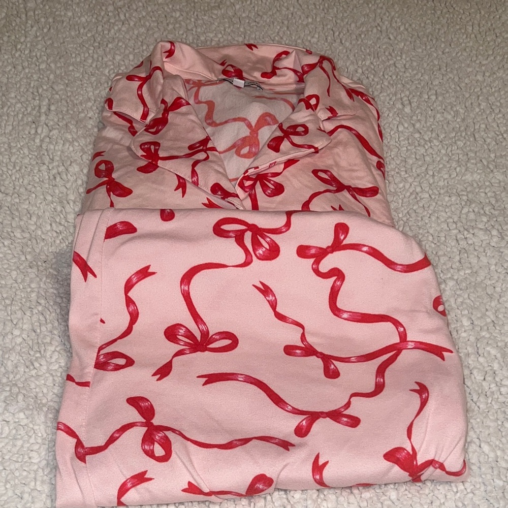 Sincerely Jules Pink Top with Red Ribbon Print